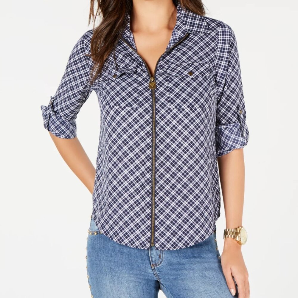 Michael Kors Navy and White Plaid Zip Front Shirt Women's Size M